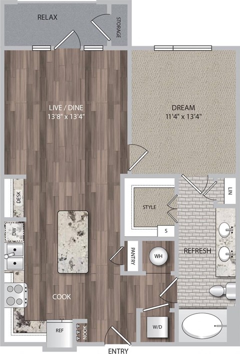 Floor plan for 1 bed, 1 bath, 783 sqft